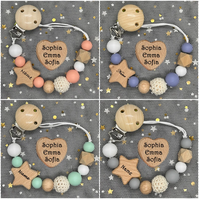 Baby Teethers - 新しいカスタム名入り手作りパーソナライズされたブナ製ベビーおしゃぶりチェーンクリップ、名前入り歯固めペンダント付きシリコンビーズホルダー、新生児ギフト