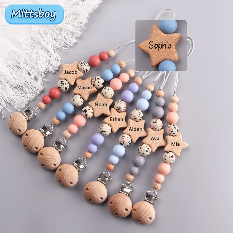 Baby Teethers - 赤ちゃんのためのパーソナライズされた木製のおしゃぶりチェーン,名前,ブナ,偽の乳首を保持するための,新生児の贈り物,新しい
