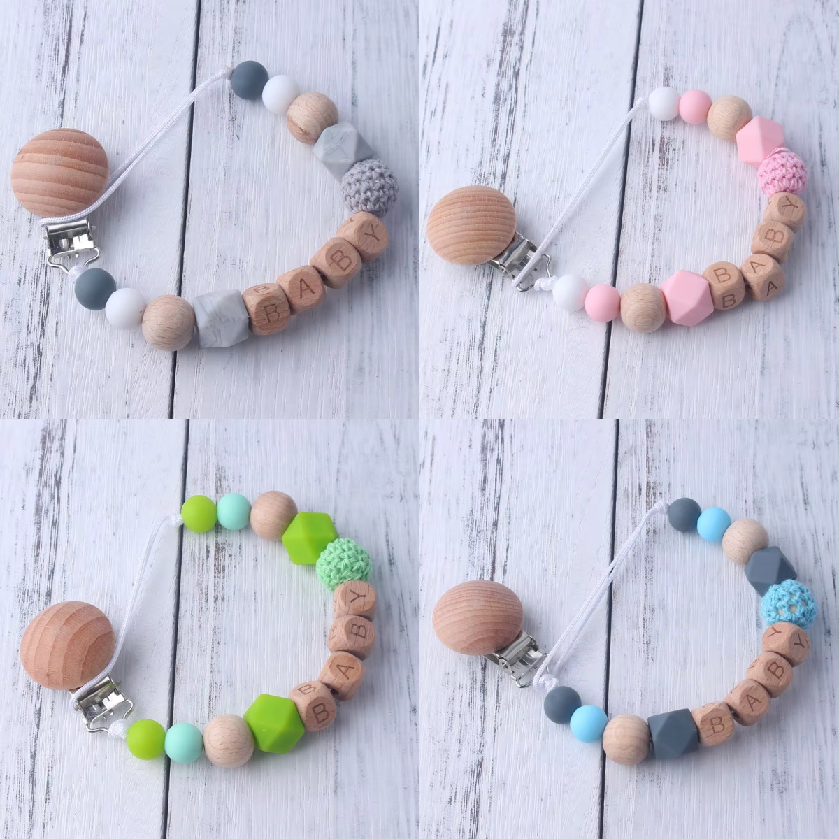 木製&シリコンビーズ付きベビーおしゃぶりクリップ、パーソナラ - Baby Teethers のレビューと価格